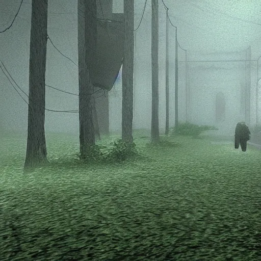 Prompt: very beautiful mix of silent hill 1 and resident evil 1, syphon filter, first playstation graphics, pixelated, fog, green grass, grey sky, raining, pixel rain, stunning, unsharp mask, low resolution, 9 0 s games