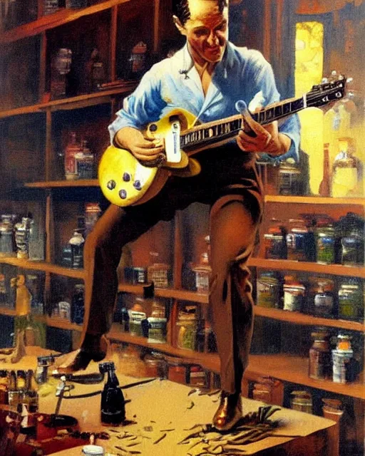 Image similar to Snake Oil salesman shredding on a Gibson Les Paul in a snake oil warehouse, painting by Frank Frazetta