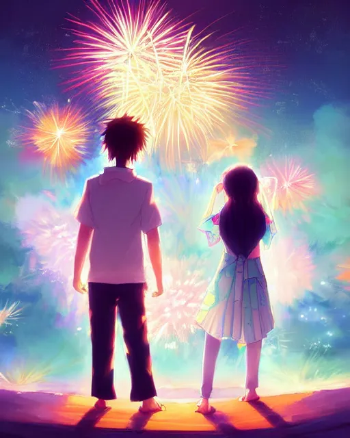 Image similar to beautiful anime painting of a boy and a girl from behind at a shinto shrine looking up at the night sky illuminated by colorful new years fireworks, by WLOP and Slawek Fedorczuk and rossdraws, trending on artstation, concept art