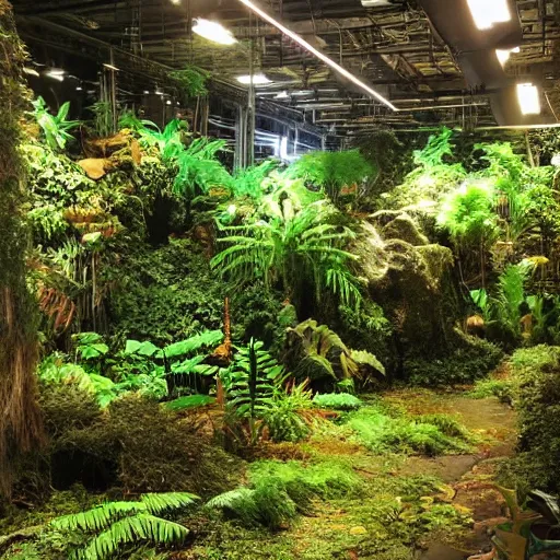 Prompt: a fake rainforest in the basement of a massive industrial building, dark