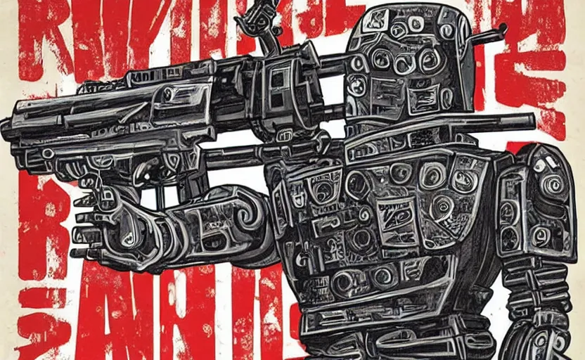 Image similar to robot made of guns, gritty, goes hard, america, poster, detailed, award winning, iconic, ww 3,