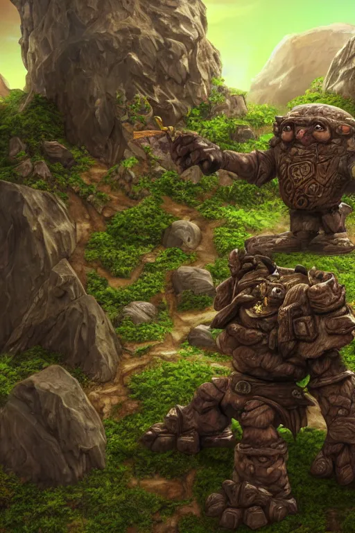 Image similar to zelda fantasy art giant golem troll wood rock greeble gemstone, global illumination ray tracing hdr fanart arstation by sung choi and eric pfeiffer and gabriel garza and casper konefal