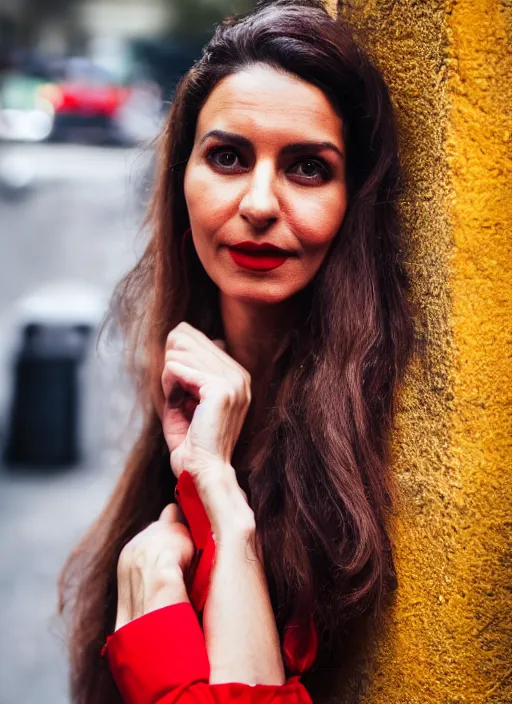 Prompt: close up portrait of beautiful 35-years-old Italian woman, wearing a red outfit, well-groomed model, candid street portrait in the style of Mario Testino award winning