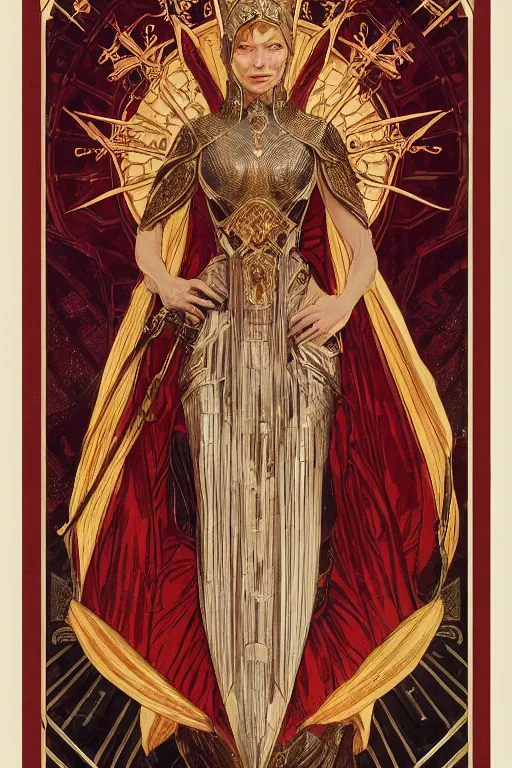 Prompt: tarot card, the emperor, armored woman, looks like cate blanchett, beautiful, medieval, super detailed, ornate, by alphonse mucha, artstation, greg rutkowski, symmetry, red, gold, white, black, 8 k