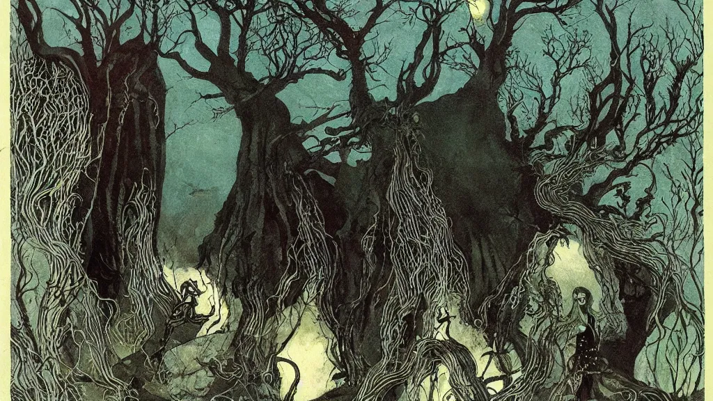 Prompt: folk horror illustration of the forgotten wraith by kay nielsen, 8k resolution artwork, horror art, trending on artstation, painting, elaborate excellent painted illustration, smooth, sharp focus