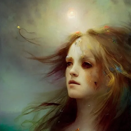 Image similar to three-quarters portrait with papery flaking skin, piercing multi-colored eyes, and under water flowing hair, dreams of the fae; painted in oil on canvas; surrealism by Aleksi Briclot and Ivan Aivazovsky