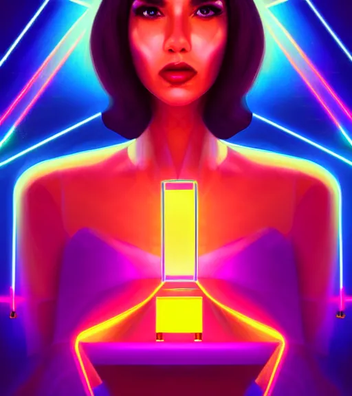 Image similar to symmetry!! latin princess of technology, solid cube of light, hard edges, product render retro - futuristic poster scifi, lasers and neon circuits, beautiful woman latin princess, intricate, elegant, highly detailed, digital painting, artstation, concept art, smooth, sharp focus, illustration, dreamlike, art by artgerm