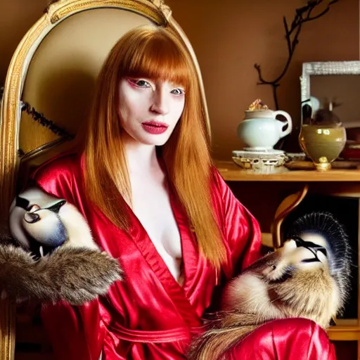 Prompt: a stunning hyper-detailed photo of a slender beautiful woman with straight long ginger hair and bangs, wearing a luxurious silk robe, wearing headphones and posing with her large ginger tabby cat and raccoon and parrots in a red overstuffed easy chair in her Victorian living room, holding a porcelain parrot-shaped coffee mug and a donut, perfect eyes, fashion photography, dramatic cinematic lighting, octane render, IBEX Masters, unreal engine, 85 mm lens, paisley wallpaper