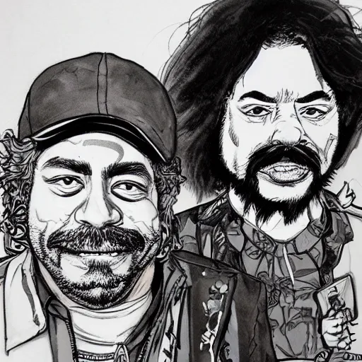 Image similar to portrait of cheech and chong as portrayed in up in smoke, concept art, sumi - e style, intricate linework, artstation, trending, highly detailed, smooth, focus, art by yoji shinkawa,