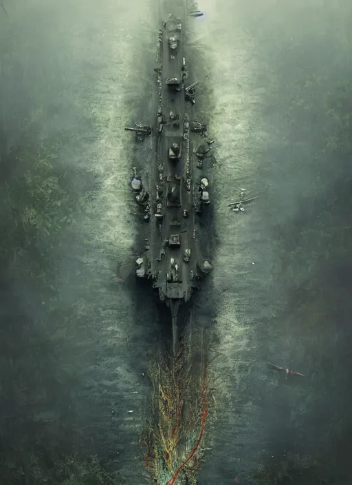 Prompt: aircraft carrier, USS Nimitz, rusty, overgrown with vegetation laying on the ground of a tropical forest, post appocalyptic, by Luis Royo, by Greg Rutkowski, dark, gritty, intricate, cover illustration, concept art, volumetric lighting, volumetric atmosphere, sharp focus, octane render, trending on artstation, 8k