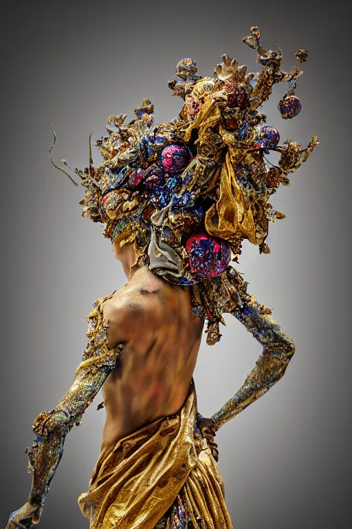 Image similar to stained cracked porcelain statue of wired matte sacred old queen, sculpture with metallic polished intricated surface, dressed with a colorful torn silk cloak and gold ornaments, made by antonio corradini, and dug stanat macabre art, dark surrealism, epic and cinematic view, volummetric light, texturized, detailed, venezian carnival, high graphics 8 k