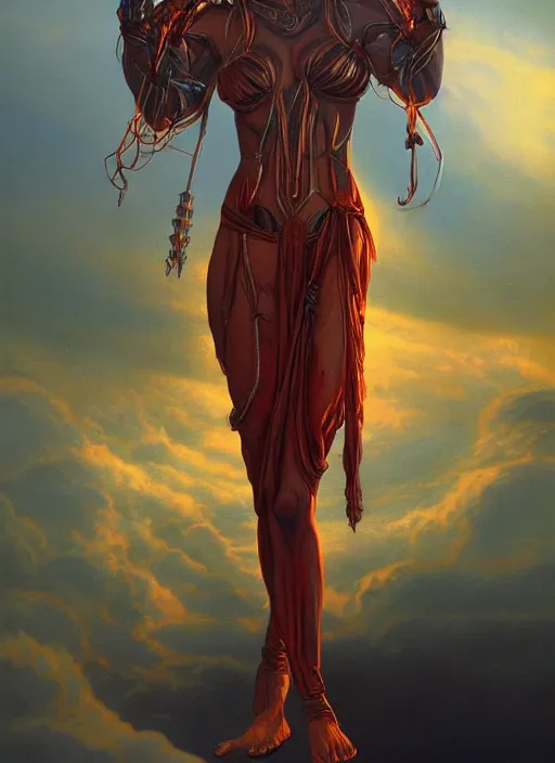 Image similar to biblical beautiful female android, shiva, glowing veins, in clouds, sunset, portrait, by gerald brom, by peter elson, muted colors, extreme detail, reflections, trending on artstation, 8 k