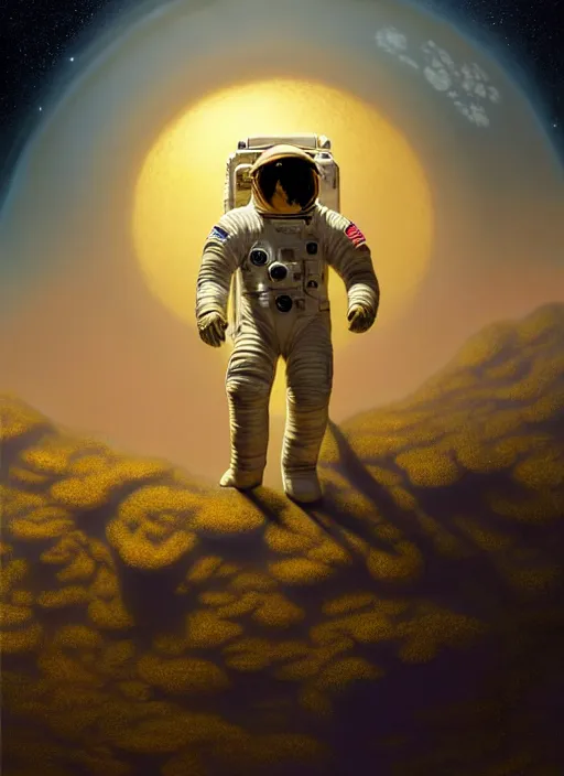 Image similar to extremely detailed, astronaut lush planet, full body, soft light, golden glow, diffuse lighting, fantasy, intricate, surrealism!!!!, highly detailed, lifelike, photorealistic, digital painting, artstation, illustration, concept art, smooth, sharp focus, by greg rutkowski, chris tulloch mccabe, valentina remenar and asher duran,