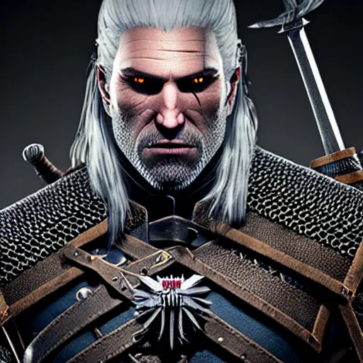 Image similar to geralt the witcher 3 with demon horns, photorealistic, realistic