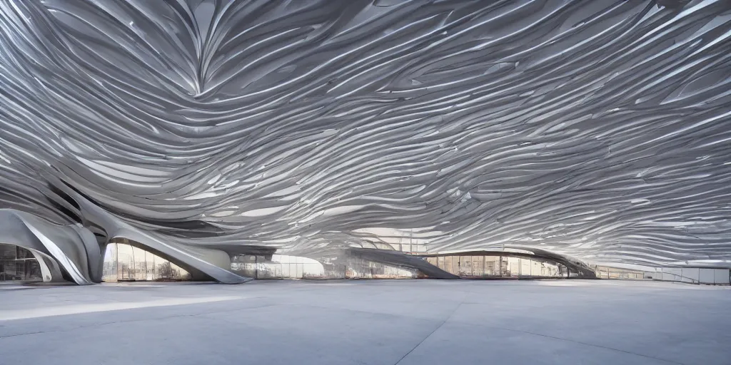 Image similar to extremely detailed ornate stunning sophisticated beautiful elegant futuristic museum exterior by Zaha Hadid, stunning volumetric light, stainless steal, concrete, translucent material, beautiful sunset, tail lights