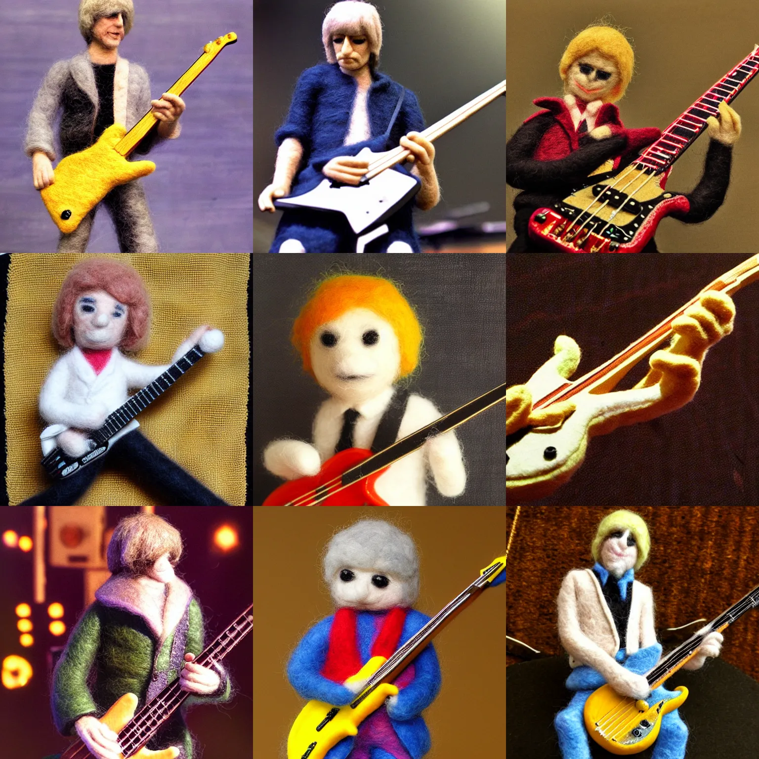 Prompt: needle felted Benjamin Orr on stage playing bass, highly detailed, tilt shift, cute, hyperrealism, highly textured, god rays