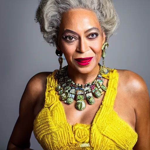 Prompt: old beyonce knowles singer at age 9 0 years old, color ( sony a 7 r iv, symmetric balance, polarizing filter, photolab, lightroom, 4 k, dolby vision, photography award ), vogue, perfect face