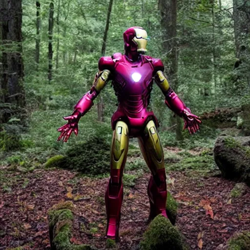 Image similar to abandoned iron man suit overgrown by moss in the middle of a forest, 4k realistic photo