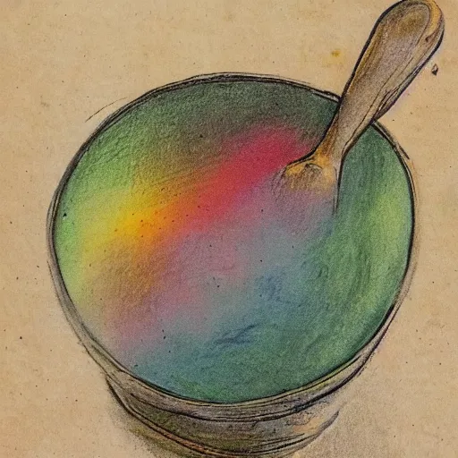 Image similar to a sketch in an old book, of a rainbow potion recipe, ancient language