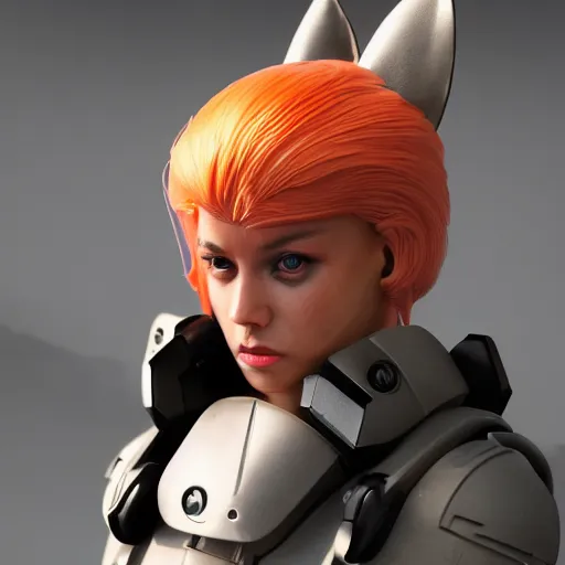 Image similar to close up of evil futuristic dystopian regime soldier, plasma gun, blonde hair, fox ears on hair, human, female, concept design, contrast, hot toys, kim jung gi, greg rutkowski, zabrocki, karlkka, jayison devadas, trending on artstation, 8 k, ultra wide angle, pincushion lens effect, red and black color scheme