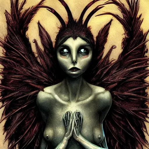 Image similar to detailed illustration of attractive humanoid alien species with beautiful human female face, female human torso, dark fae, black feathers instead of hair, feathers growing out of skin, wings growing out of arms, transformation, brian froud, tim burton, guillermo del toro