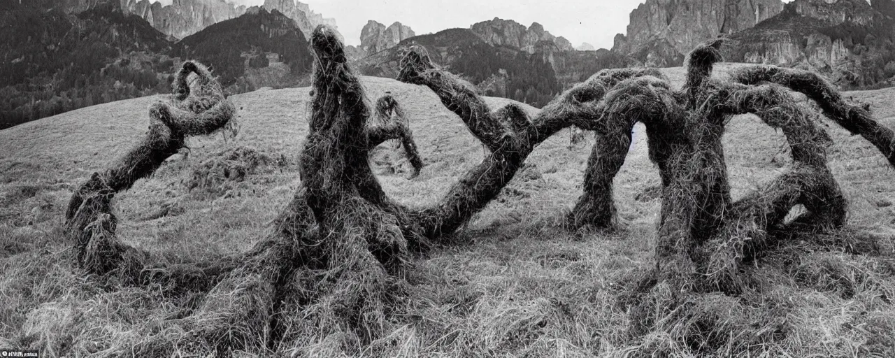 Prompt: 1940s photography of eerie landscape in the dolomites, farmer transformed into root and hay monster