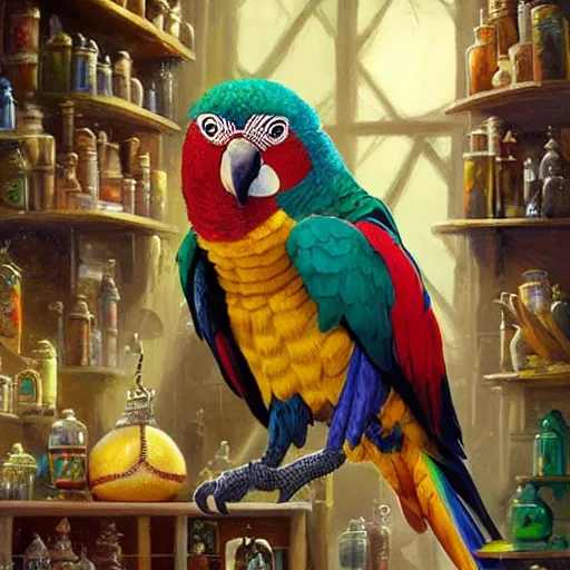 Prompt: Anthropomorphized parrot trader in his shop, art by Greg Rutkowski, shelves full, selling a gem, portrait, items, magic potions, weapons, arcana, carpet, window, fancy funny hat, sly expression , cunning expression, cute expression, presenting magic gem, D&D, fantasy, cinematic lighting, highly detailed, digital painting, artstation, concept art, smooth, sharp focus, illustration, warm light, cozy warm tint, magic the gathering artwork, volumetric lighting, 8k, no gold, no gold colours