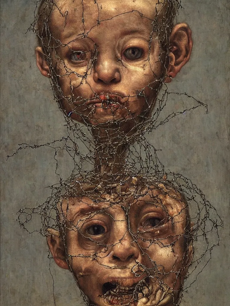 Image similar to a boy made of barbed wire looking into camera, screaming in pain, by giuseppe arcimboldo and ambrosius benson, renaissance, intricate and intense oil paint, a touch of beksinski and hr giger and edward munch, realistic