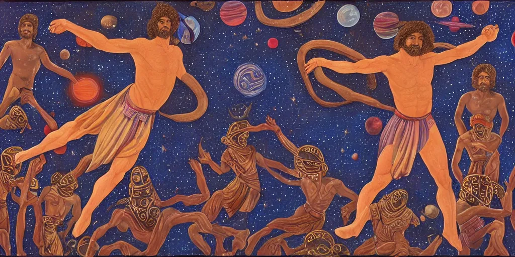 Image similar to an abstract space station background, a multiracial greek god dancing, clear eyes. 2 4 mm, photorealistic, muted color scheme, directed by mati klarwein