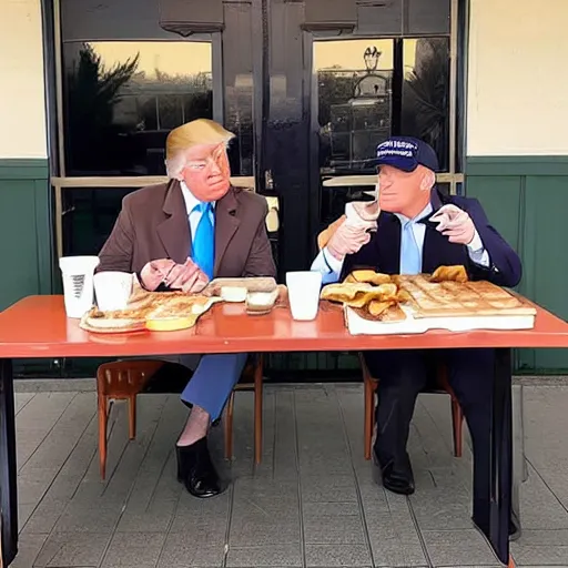 Image similar to photograph of trump and Biden sitting and eating breakfast at a Wafflehouse