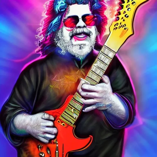 Image similar to a Jerry Garcia guitarist playing so intensely there is electricity shooting out from his guitar, energy beams under his finger tips, and magic sparkles from the freboard, amazing ditial art, trending on artstation, featured on deviantart