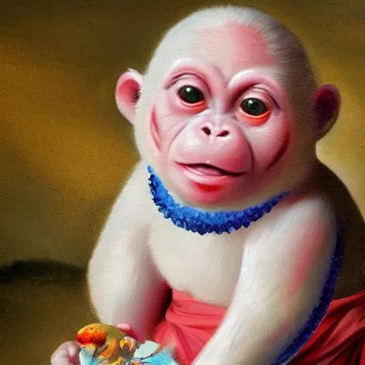 Prompt: magical scene. the sweet old very fat baby white monkey, red lips, blue eyes, is in love with her fancy beautiful colorful white fish. close up. clear face. subsurface scattering shiny skin. cinematic scene. glossy. highly detailed, color harmony, art station, ornate, caravaggio style. 3 d, beautiful lighting, old photography