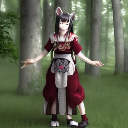 Image similar to cute wolf priestess of the forest temple, canine shrine maiden, anime girl, vray