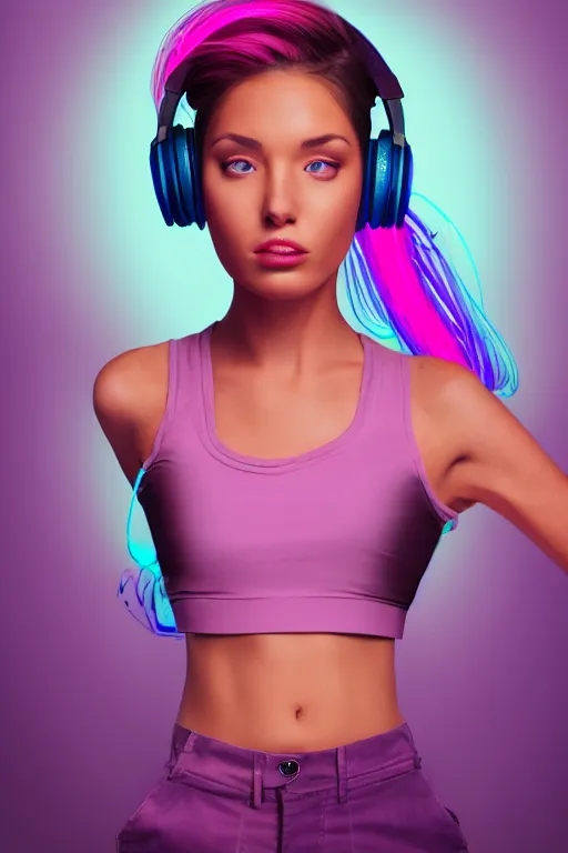 Image similar to a award winning half body portrait of a beautiful woman with stunning eyes in a croptop and cargo pants with ombre purple pink teal hairstyle dancing while listening to music with headphones on her ears by thomas danthony, surrounded by whirling illuminated lines, outrun, vaporware, shaded flat illustration, digital art, trending on artstation, highly detailed, fine detail, intricate