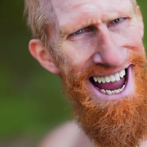 Image similar to photo of a 5 0 year old skinny tall ginger men with rotten stained big yellow teeth, ugly appearance, psoriasis disease, 8 5 mm, f / 1. 3