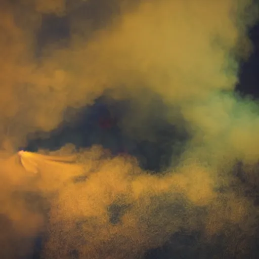 Prompt: dimly lit localized smoke, muted multi-color lapis, muted neon smoke, ground fog, localized smoke with vague feathered outline of fierce flying dragons with large vague outstretched wings, bokeh