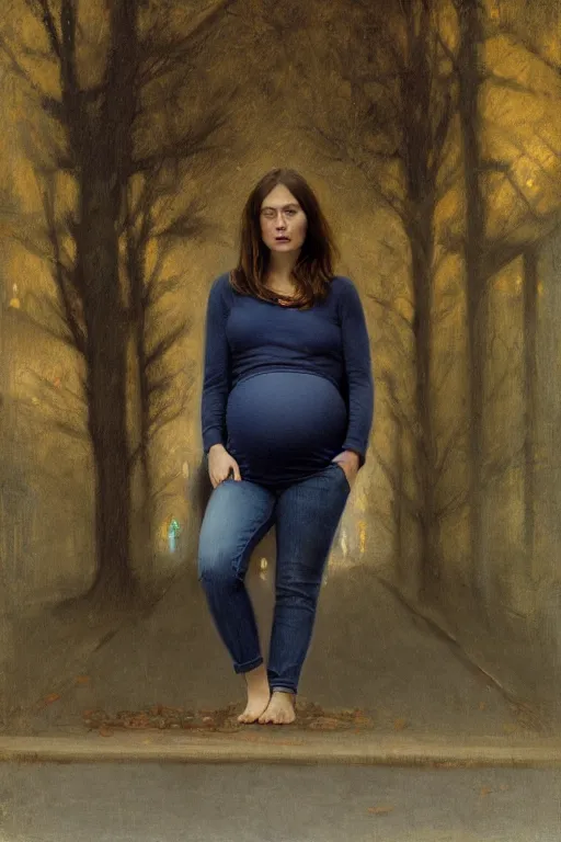 Image similar to very frightened pregnant woman under street light, jeans and sweater, by Alyssa Monks, Bouguereau