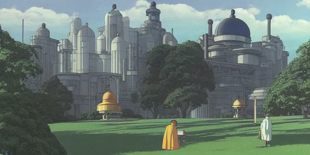 Image similar to A mysterious and godly domed reactor building in a city park, dieselpunk, by Studio Ghibli and Edward Hopper