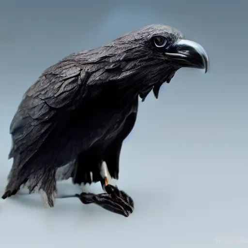 Prompt: metallic mineral stones sculpted into a very realistic raven. beautiful sculpting. masterwork from Japan. spotlighted. back lighted. ring light.