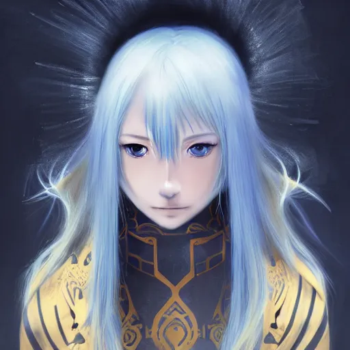 Prompt: rimuru tempest from tensura playing chess, with amber eyes of golden colored eyes, straight hair, sky blue hair, long bangs, high collar, concept art, award winning photography, turbulence, ripples, trails, wispy, scratchy, digital painting, cinematic, wlop, 8 k, by ross tran, tom bagshaw, andy warhol