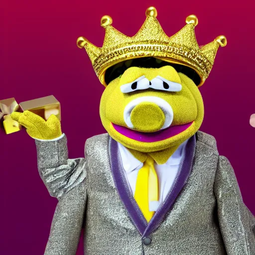 Image similar to news anchor pig wearing a gold crown depicted as a muppet 8k