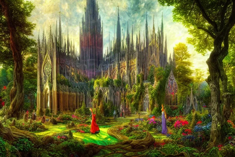 Prompt: a beautiful and highly detailed digital painting of an elven cathedral in a beautiful garden in a mystical forest, psychedelic colors, intricate details, epic scale, insanely complex, hyperdetailed, artstation, cgsociety, 8 k, sharp focus, hyperrealism, by caspar friedrich, albert bierstadt, james gurney, brian froud,