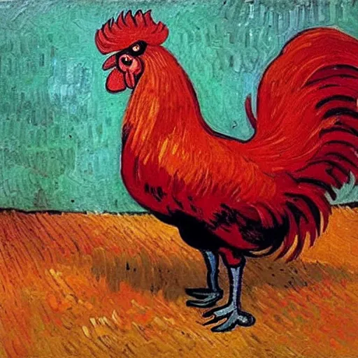 Prompt: bright red oil painting of a rooster, Vincent van Gogh