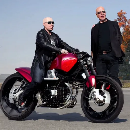 Image similar to elon musk and jeff bezos on a motorcycle