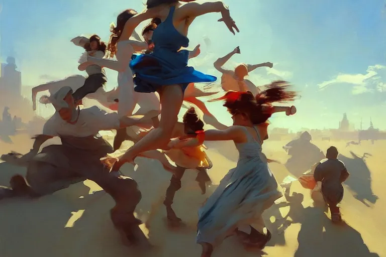 Image similar to greg manchess painting of people tripping falling, profile picture, organic painting, sunny day, matte painting, bold shapes, hard edges, street art, trending on artstation, by huang guangjian, gil elvgren, ruan jia, randy vargas, greg rutkowski