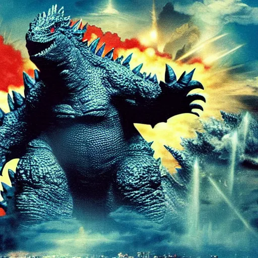 Image similar to godzilla using a birthday hat, destroying tokio, epic, incredible