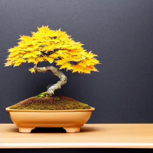 Image similar to photo of a beautiful maple bonsai tree on a kitchen counter, cinematic, bright, happy, golden ratio,