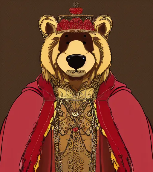 Prompt: expressive stylized master furry artist digital line art colored shaded drawing full body portrait character study of the anthro male anthropomorphic bear fursona animal person wearing gold crown and red cape royal western king regal intricate ornate vibrant colors