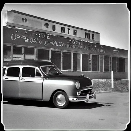 Prompt: “1950 Ford Fiesta with chrome vintage advertisement retro illustration stopping at a donut shop after a soviet nuke exploded in the background”