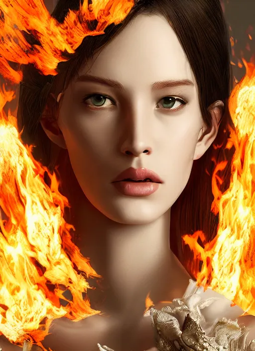 Prompt: fashion portrait with fire, female, 3d, future, torch, flame, harper's bazaar, vogue, fashion magazine, intricate, concept art, close up, ornate, luxury, elite, elegant, trending on artstation, by ruan jia, by Kenneth Willardt, by ross tran, by WLOP, by Andrei Riabovitchev,